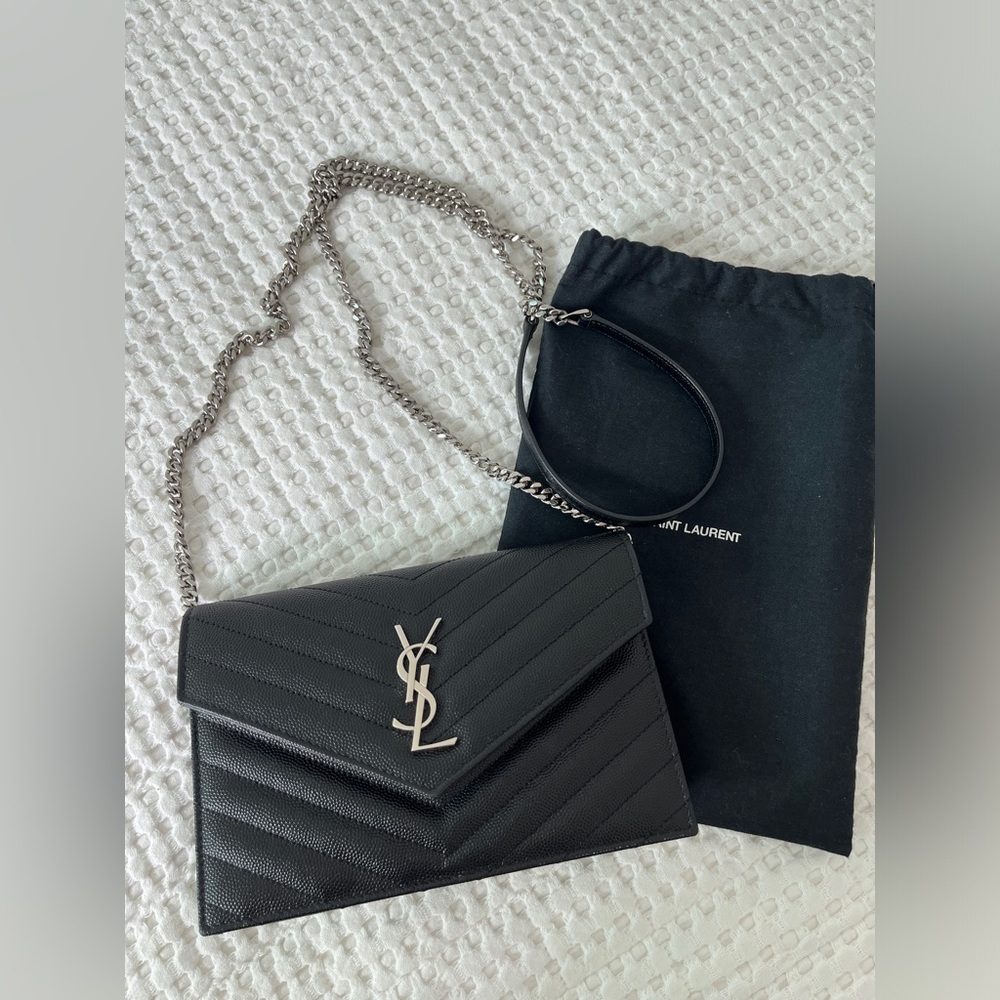 Saint Laurent Monogram Small Envelope Wallet on Chain/ Clutch - Black w Silver